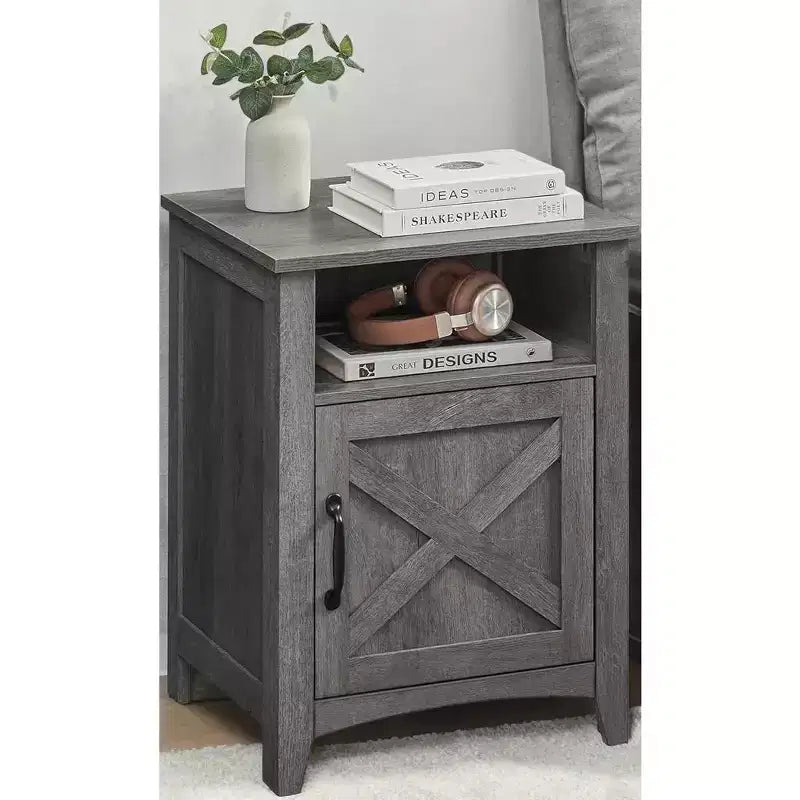 Table de chevet avec porte de grange, table de chevet avec compartiment ouvert, gris brume, capacité de 132 lb