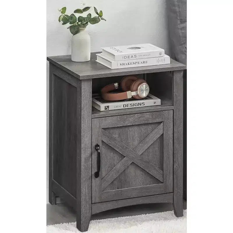 Table de chevet avec porte de grange, table de chevet avec compartiment ouvert, gris brume, capacité de 132 lb