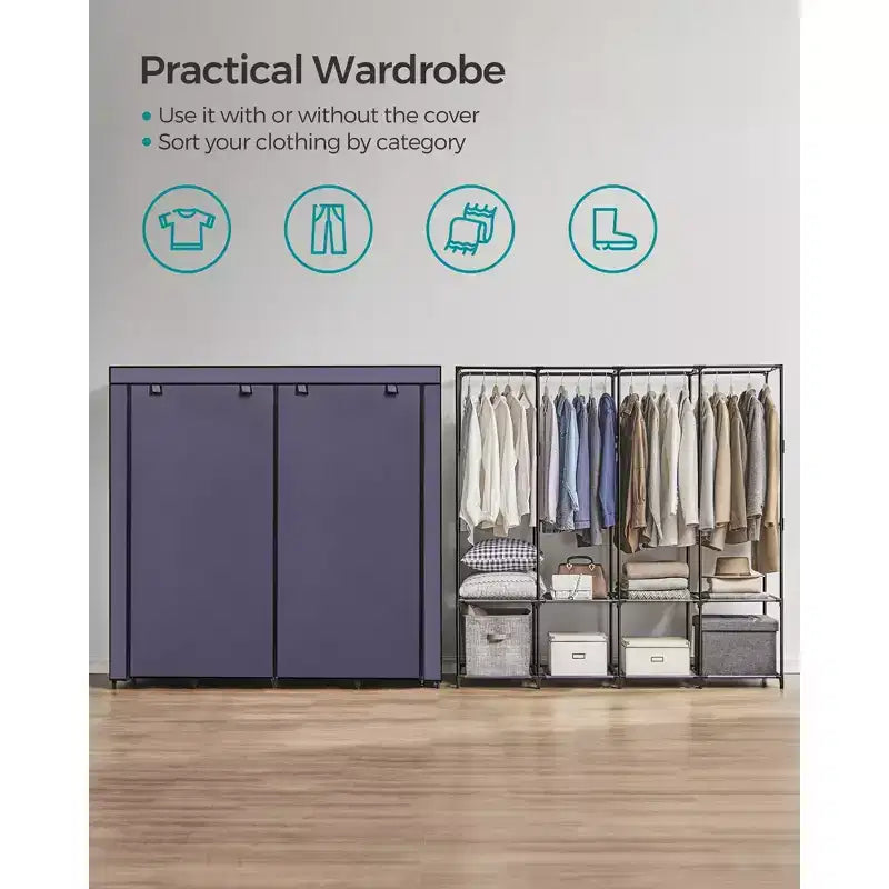 Penderie portable avec housse, organiseur de garde-robe avec 4 tringles et étagères, 4 poches latérales, 66,9 x 17,7 x 65,7 pouces, grande capacité