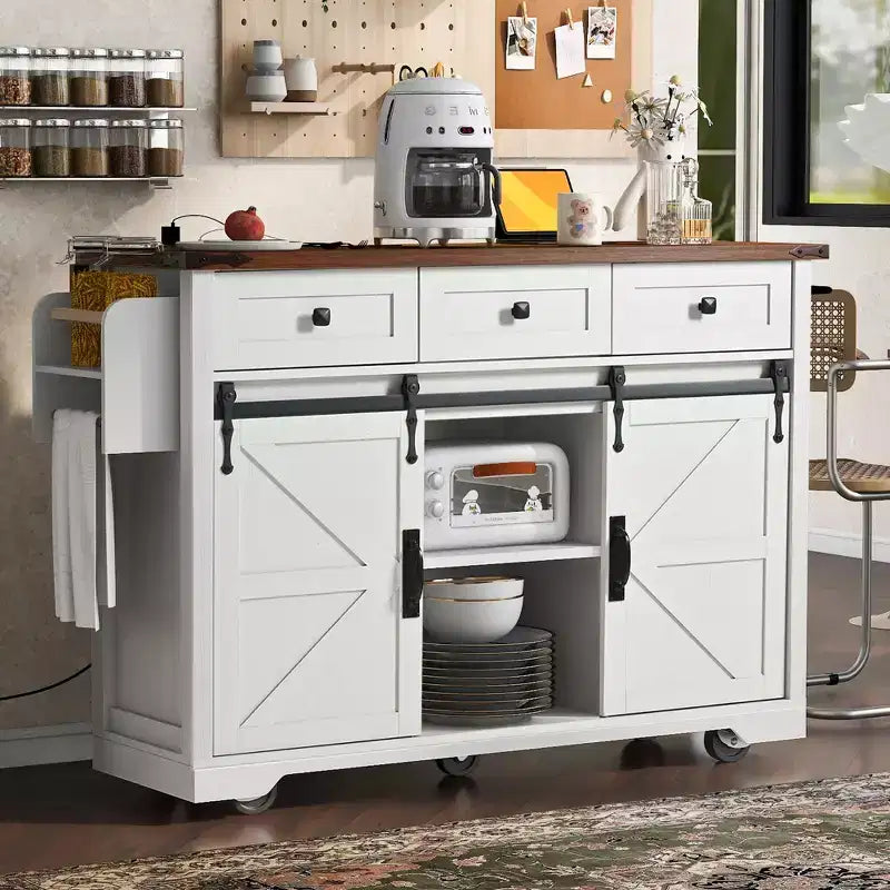 Îlot de cuisine roulant 54W avec roulettes verrouillables, abattant, prise électrique, porte-épices, tiroirs et étagère réglable