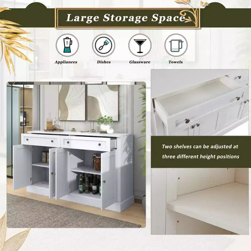 Aparador retro de 4 puertas con 2 cajones y estantes ajustables para comedor y sala de estar