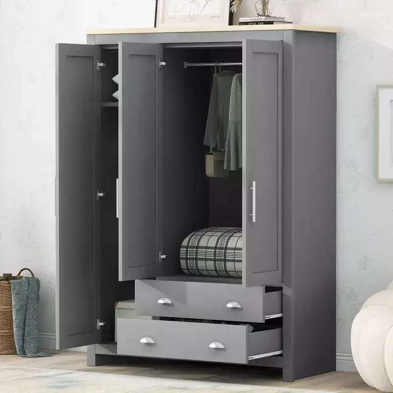 Armoire de rangement à 3 portes avec placards et deux tringles, grise