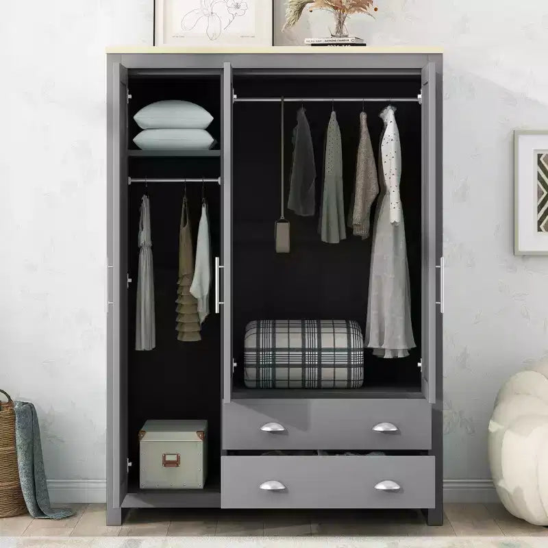 Armoire de rangement à 3 portes avec placards et deux tringles, grise