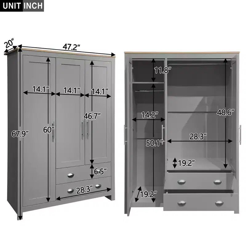 Armoire de rangement à 3 portes avec placards et deux tringles, grise