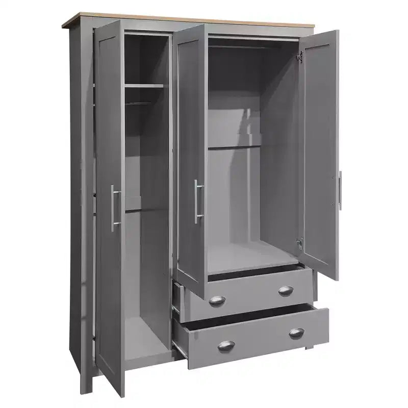 Armoire de rangement à 3 portes avec placards et deux tringles, grise