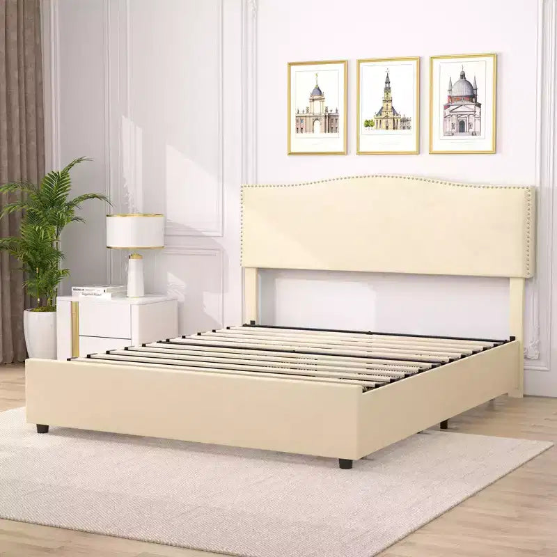 Estructura de cama tapizada tamaño Full/Queen, cama de plataforma con cabecero ajustable y cajones de almacenamiento