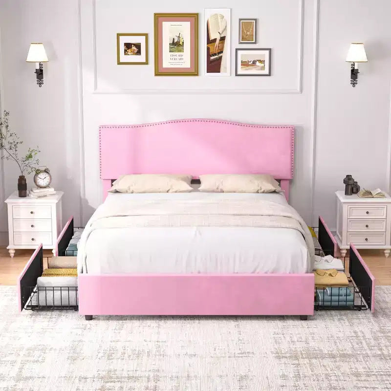 Estructura de cama tapizada tamaño Full/Queen, cama de plataforma con cabecero ajustable y cajones de almacenamiento