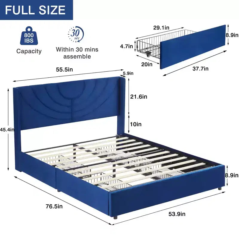 Estructura de cama tapizada tamaño Full/Queen, cama de plataforma con cabecero ajustable y cajones de almacenamiento