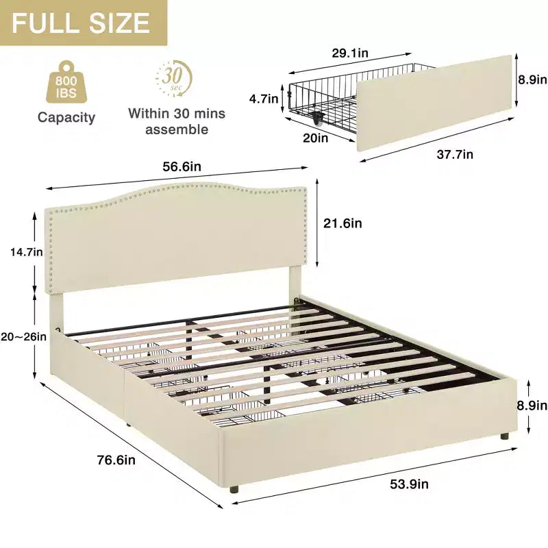 Estructura de cama tapizada tamaño Full/Queen, cama de plataforma con cabecero ajustable y cajones de almacenamiento