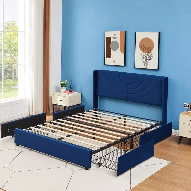 Estructura de cama tapizada tamaño Full/Queen, cama de plataforma con cabecero ajustable y cajones de almacenamiento
