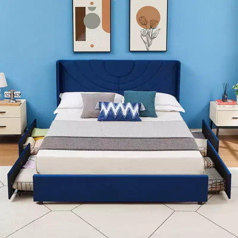 Estructura de cama tapizada tamaño Full/Queen, cama de plataforma con cabecero ajustable y cajones de almacenamiento