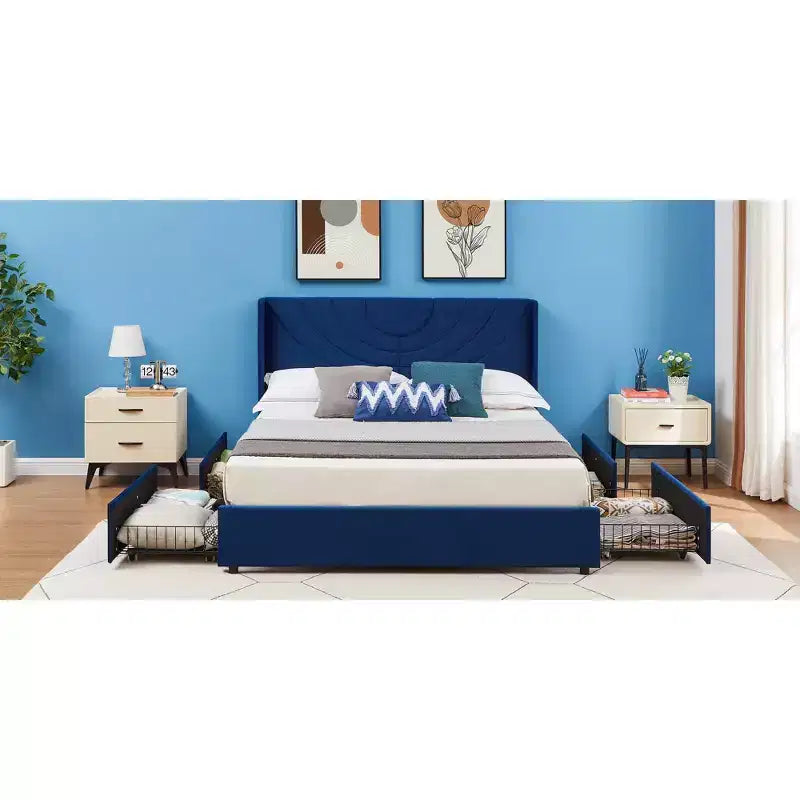 Estructura de cama tapizada tamaño Full/Queen, cama de plataforma con cabecero ajustable y cajones de almacenamiento
