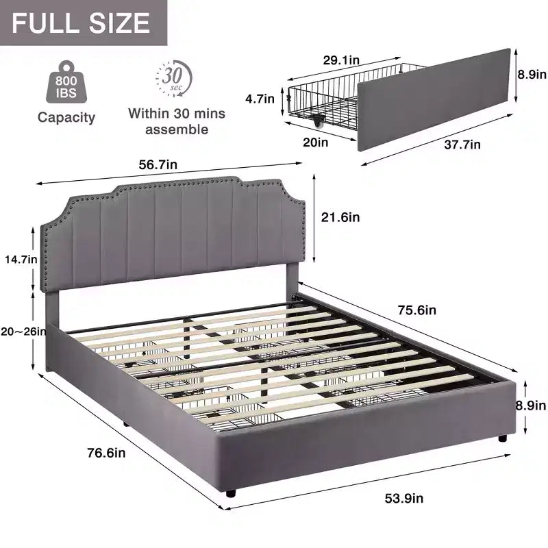 Estructura de cama tapizada tamaño Full/Queen, cama de plataforma con cabecero ajustable y cajones de almacenamiento