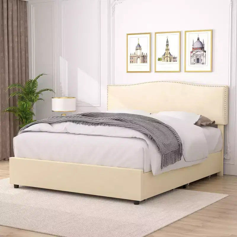 Estructura de cama tapizada tamaño Full/Queen, cama de plataforma con cabecero ajustable y cajones de almacenamiento