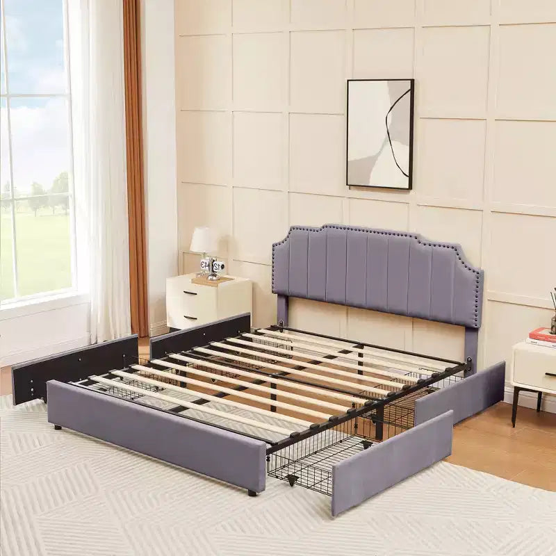 Estructura de cama tapizada tamaño Full/Queen, cama de plataforma con cabecero ajustable y cajones de almacenamiento
