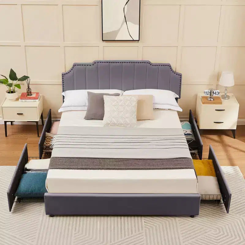 Estructura de cama tapizada tamaño Full/Queen, cama de plataforma con cabecero ajustable y cajones de almacenamiento