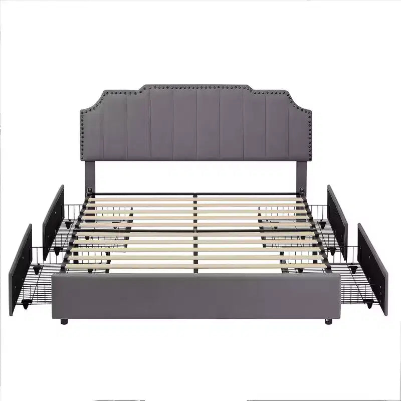 Estructura de cama tapizada tamaño Full/Queen, cama de plataforma con cabecero ajustable y cajones de almacenamiento
