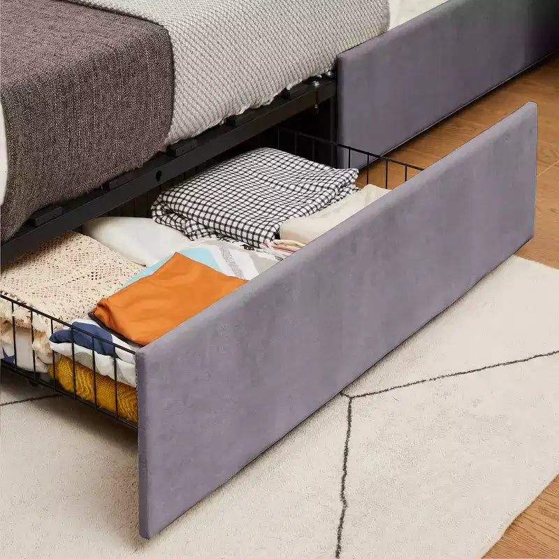 Estructura de cama tapizada tamaño Full/Queen, cama de plataforma con cabecero ajustable y cajones de almacenamiento