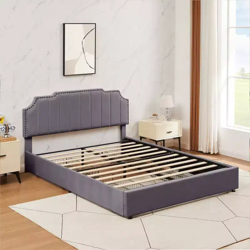 Estructura de cama tapizada tamaño Full/Queen, cama de plataforma con cabecero ajustable y cajones de almacenamiento