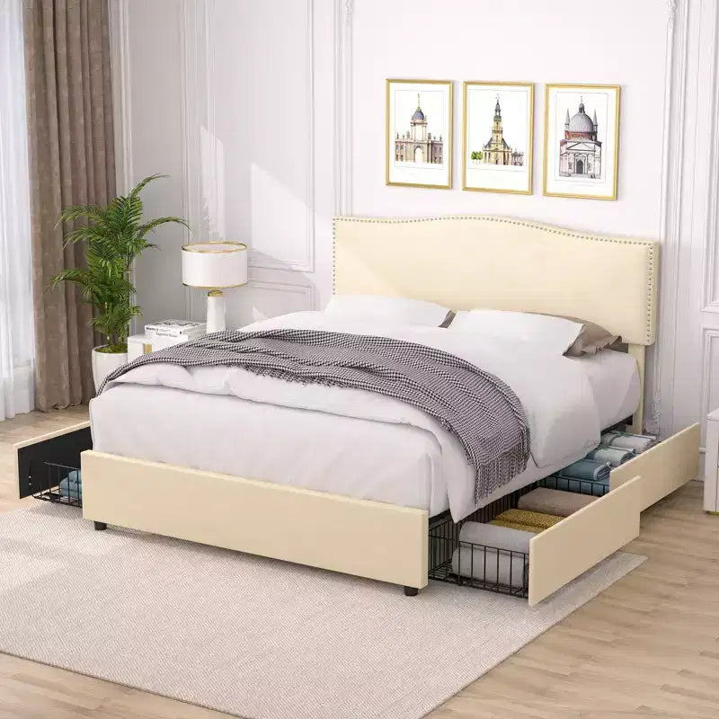 Estructura de cama tapizada tamaño Full/Queen, cama de plataforma con cabecero ajustable y cajones de almacenamiento