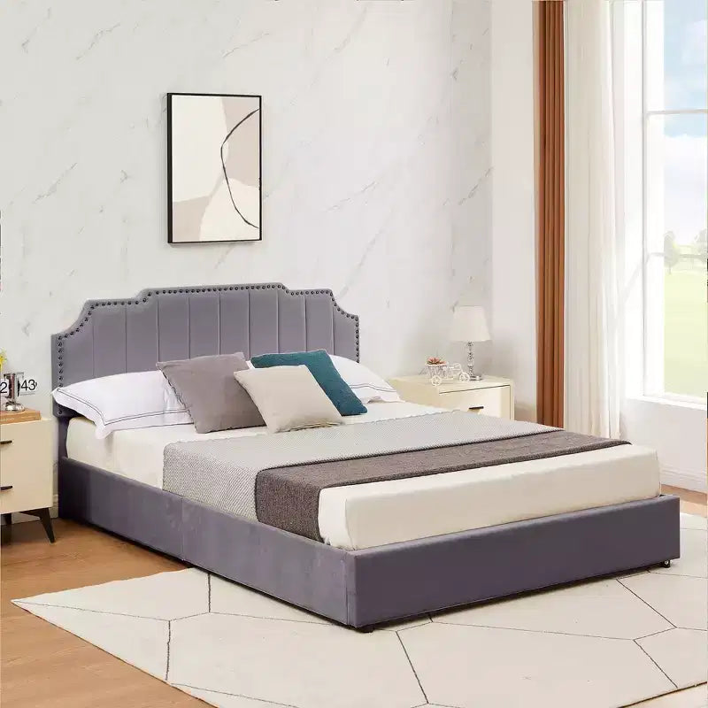Estructura de cama tapizada tamaño Full/Queen, cama de plataforma con cabecero ajustable y cajones de almacenamiento