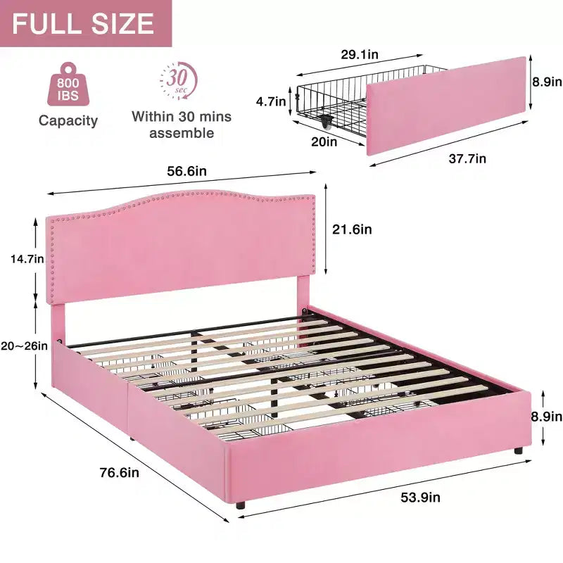 Estructura de cama tapizada tamaño Full/Queen, cama de plataforma con cabecero ajustable y cajones de almacenamiento