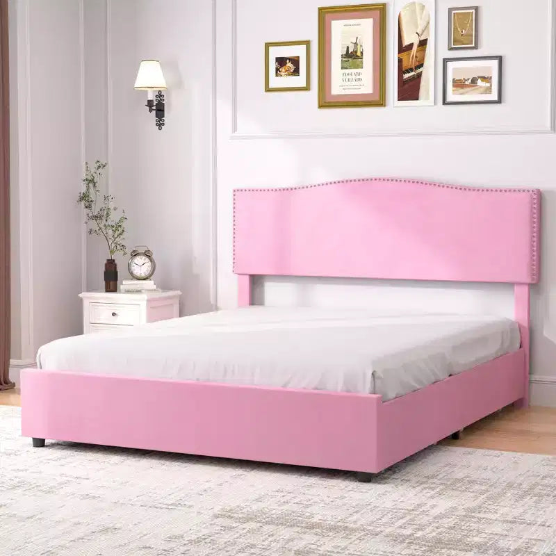 Estructura de cama tapizada tamaño Full/Queen, cama de plataforma con cabecero ajustable y cajones de almacenamiento