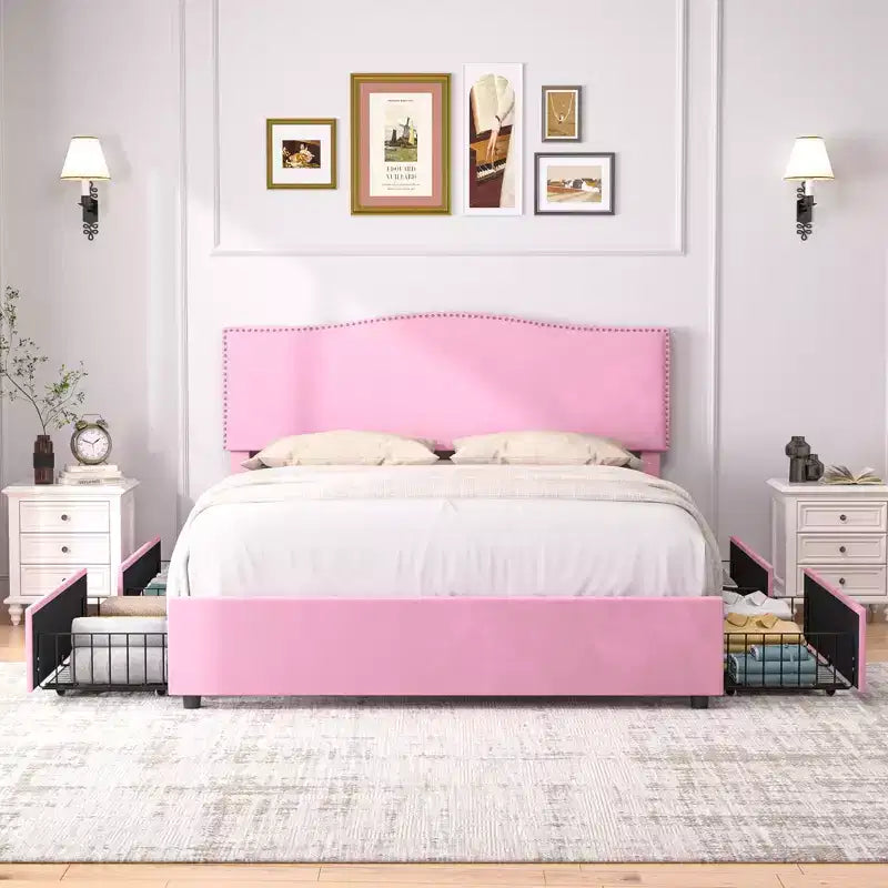 Estructura de cama tapizada tamaño Full/Queen, cama de plataforma con cabecero ajustable y cajones de almacenamiento