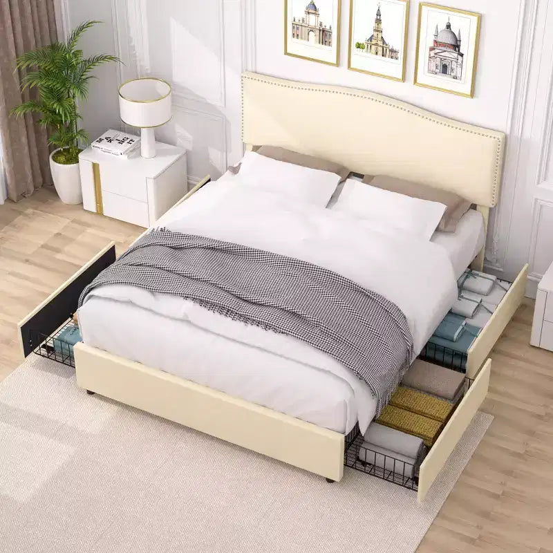 Estructura de cama tapizada tamaño Full/Queen, cama de plataforma con cabecero ajustable y cajones de almacenamiento