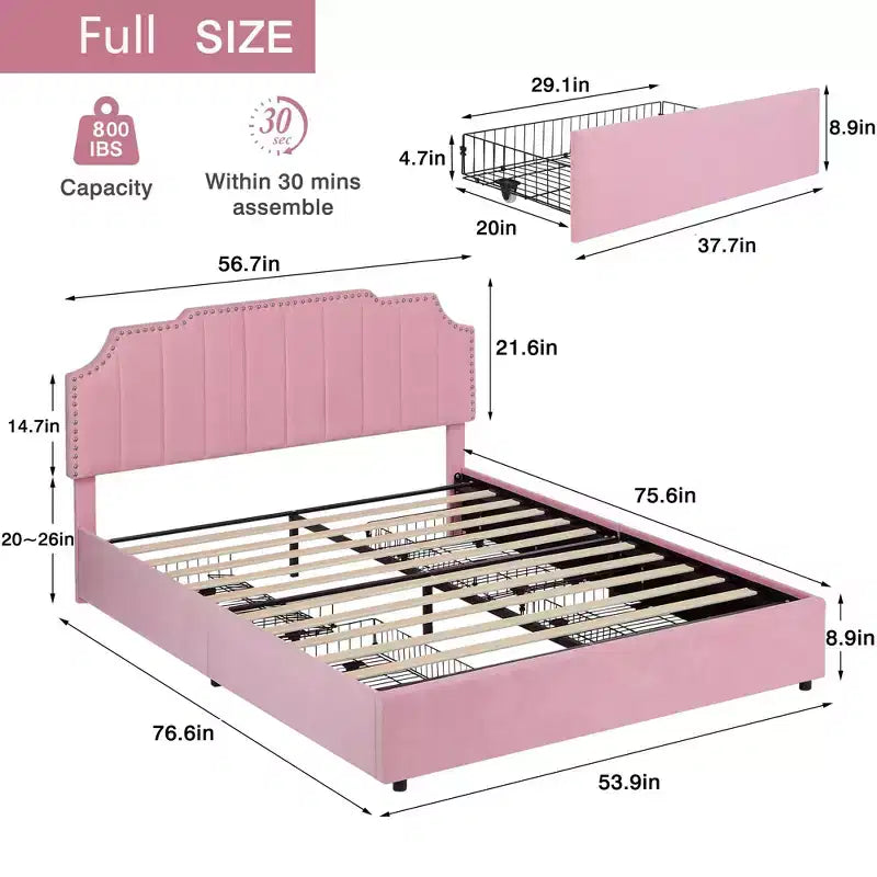 Estructura de cama tapizada tamaño Full/Queen, cama de plataforma con cabecero ajustable y cajones de almacenamiento