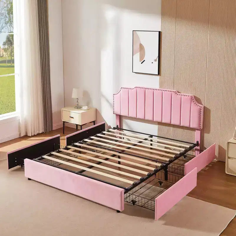 Estructura de cama tapizada tamaño Full/Queen, cama de plataforma con cabecero ajustable y cajones de almacenamiento