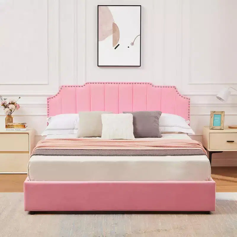 Estructura de cama tapizada tamaño Full/Queen, cama de plataforma con cabecero ajustable y cajones de almacenamiento