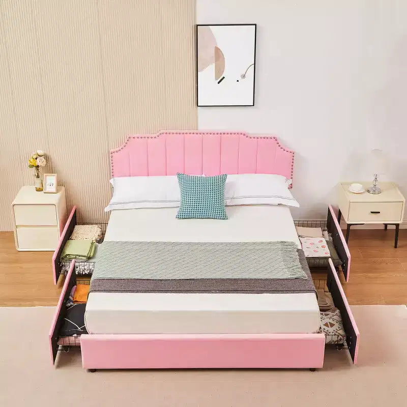Estructura de cama tapizada tamaño Full/Queen, cama de plataforma con cabecero ajustable y cajones de almacenamiento