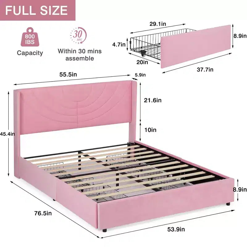 Estructura de cama tapizada tamaño Full/Queen, cama de plataforma con cabecero ajustable y cajones de almacenamiento