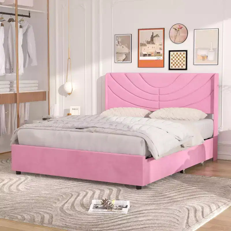 Estructura de cama tapizada tamaño Full/Queen, cama de plataforma con cabecero ajustable y cajones de almacenamiento