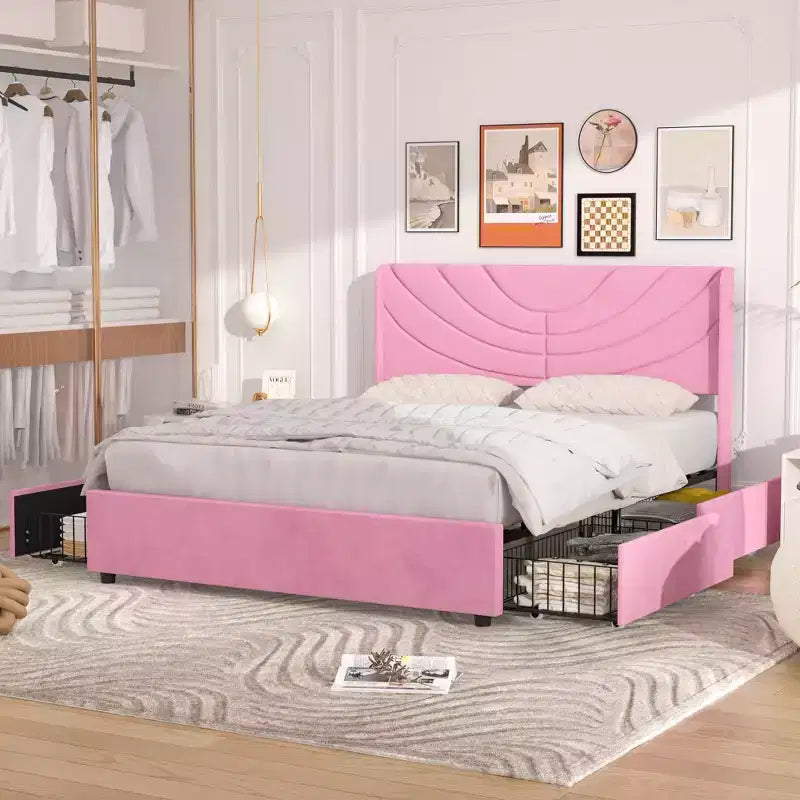 Estructura de cama tapizada tamaño Full/Queen, cama de plataforma con cabecero ajustable y cajones de almacenamiento