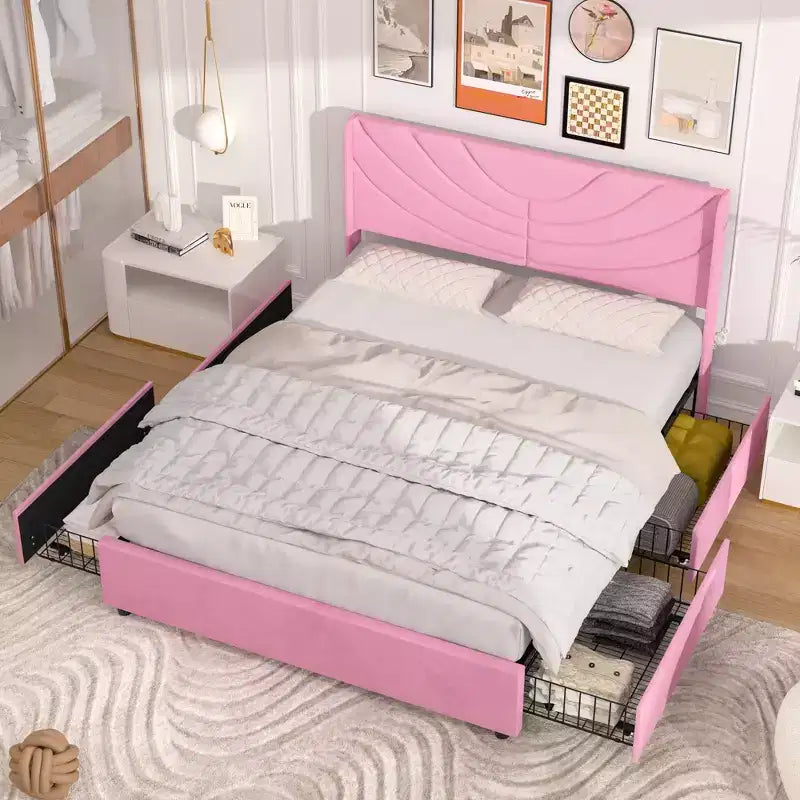 Estructura de cama tapizada tamaño Full/Queen, cama de plataforma con cabecero ajustable y cajones de almacenamiento