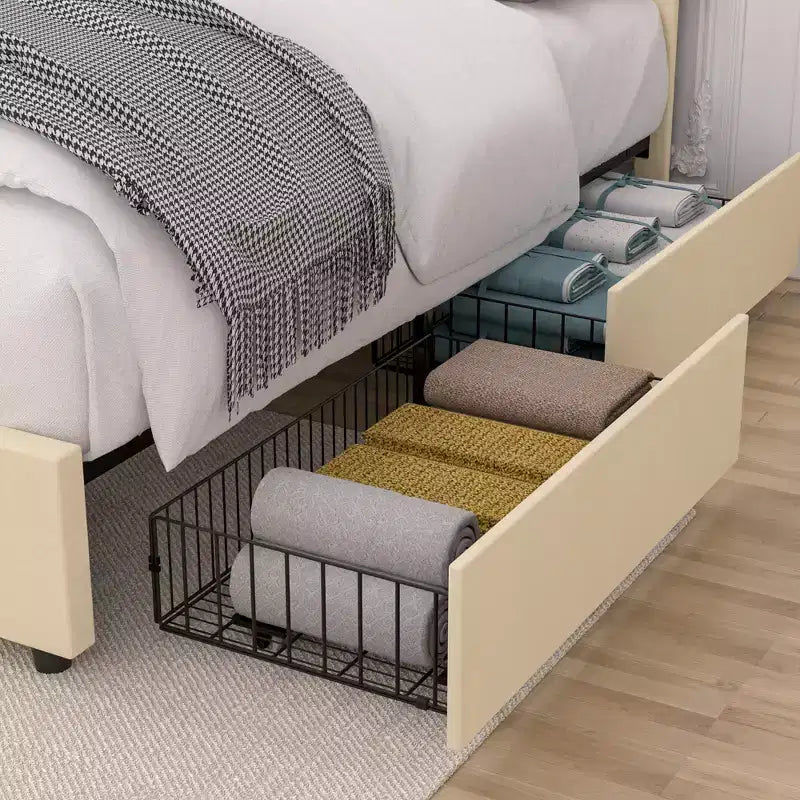 Estructura de cama tapizada tamaño Full/Queen, cama de plataforma con cabecero ajustable y cajones de almacenamiento