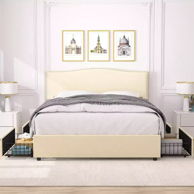 Estructura de cama tapizada tamaño Full/Queen, cama de plataforma con cabecero ajustable y cajones de almacenamiento