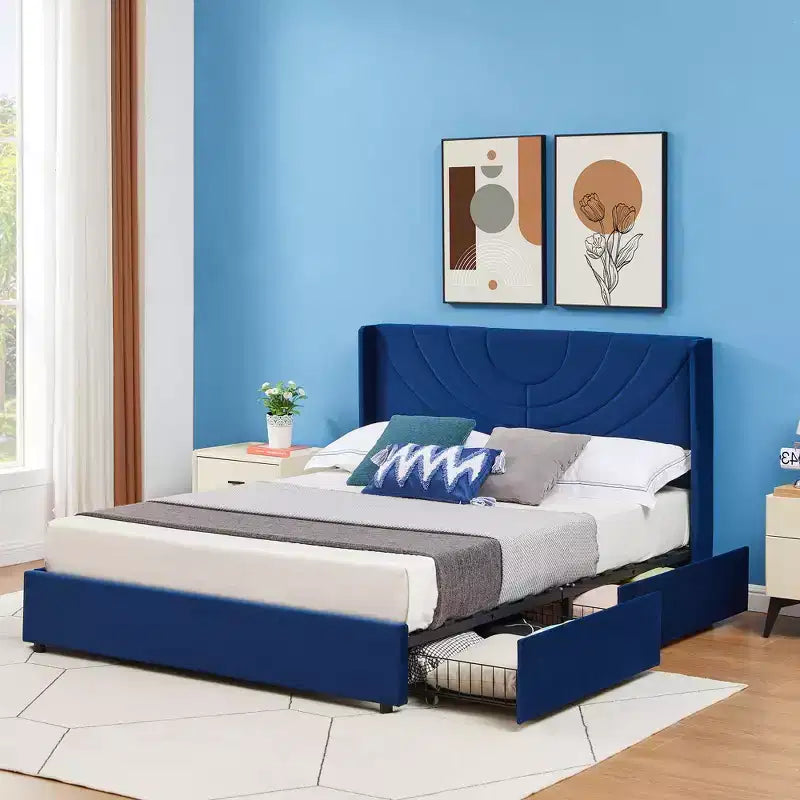 Estructura de cama tapizada tamaño Full/Queen, cama de plataforma con cabecero ajustable y cajones de almacenamiento
