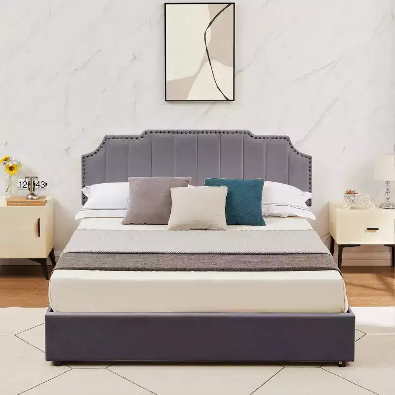 Estructura de cama tapizada tamaño Full/Queen, cama de plataforma con cabecero ajustable y cajones de almacenamiento