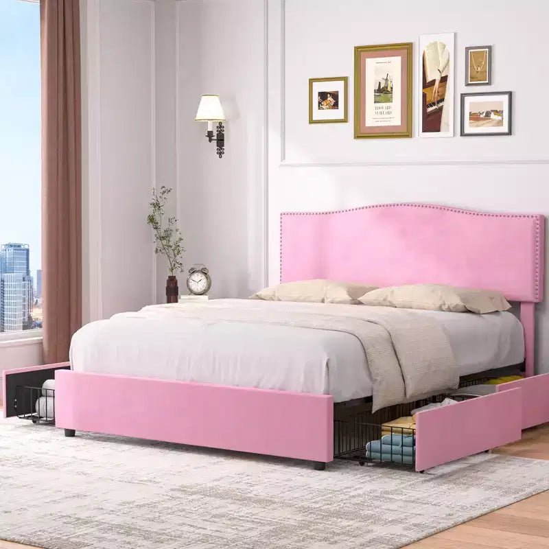 Estructura de cama tapizada tamaño Full/Queen, cama de plataforma con cabecero ajustable y cajones de almacenamiento