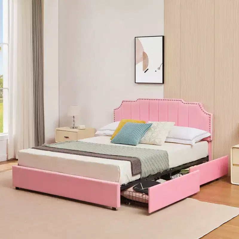 Estructura de cama tapizada tamaño Full/Queen, cama de plataforma con cabecero ajustable y cajones de almacenamiento
