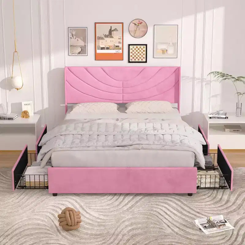 Estructura de cama tapizada tamaño Full/Queen, cama de plataforma con cabecero ajustable y cajones de almacenamiento
