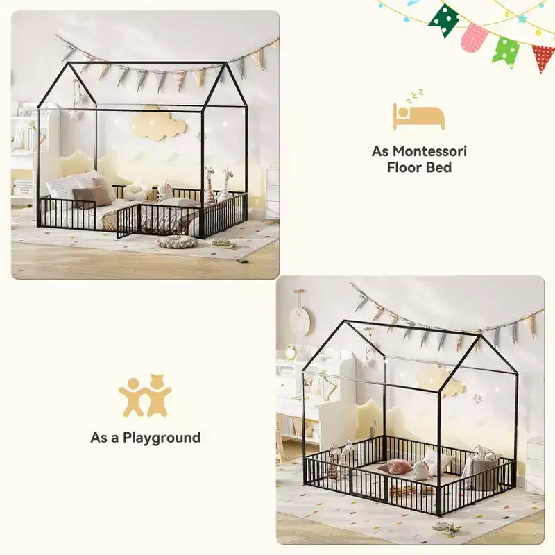 Cama tipo casita para niños, cama de suelo para niños, cama metálica tipo casita con puerta, estructura de cama infantil de suelo, cama de suelo con barandilla