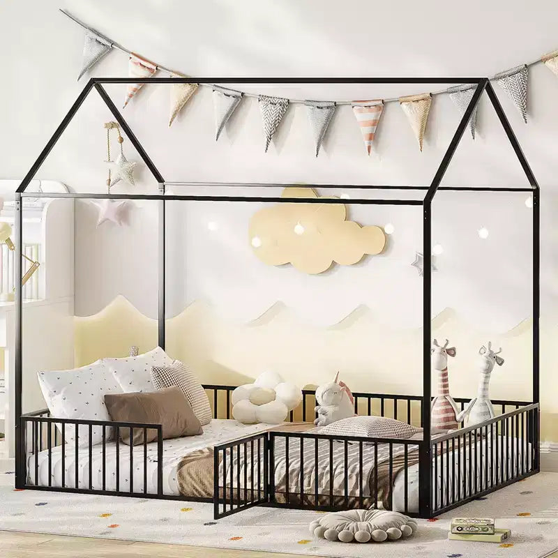 Cama tipo casita para niños, cama de suelo para niños, cama metálica tipo casita con puerta, estructura de cama infantil de suelo, cama de suelo con barandilla