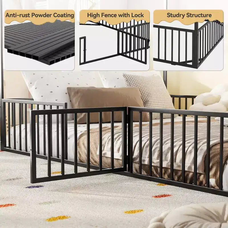 Cama tipo casita para niños, cama de suelo para niños, cama metálica tipo casita con puerta, estructura de cama infantil de suelo, cama de suelo con barandilla
