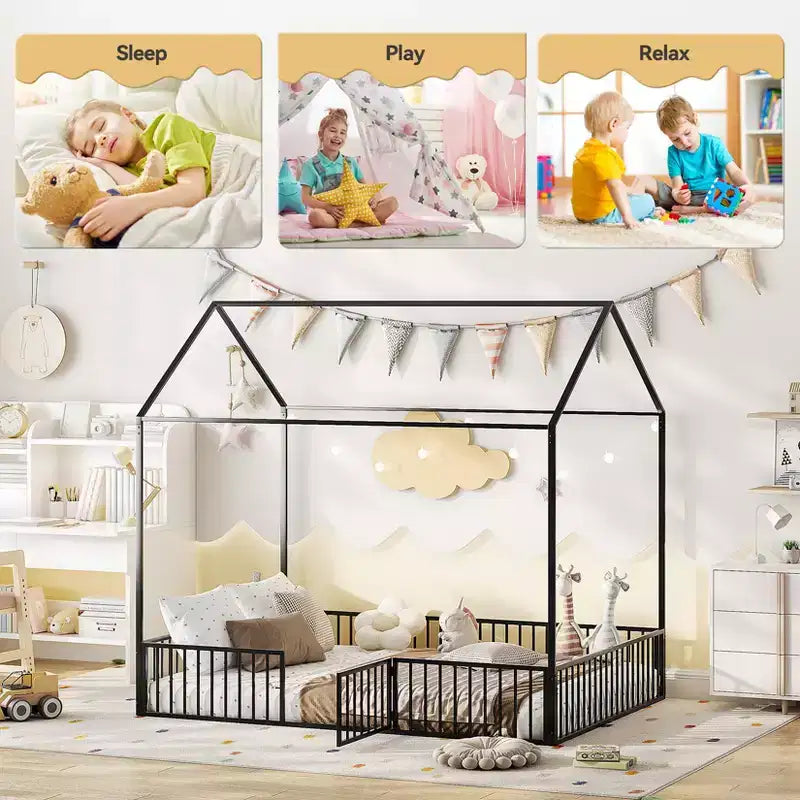 Cama tipo casita para niños, cama de suelo para niños, cama metálica tipo casita con puerta, estructura de cama infantil de suelo, cama de suelo con barandilla