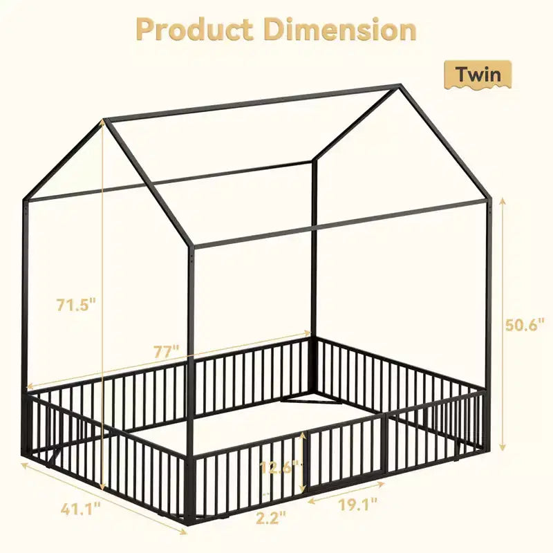Cama tipo casita para niños, cama de suelo para niños, cama metálica tipo casita con puerta, estructura de cama infantil de suelo, cama de suelo con barandilla