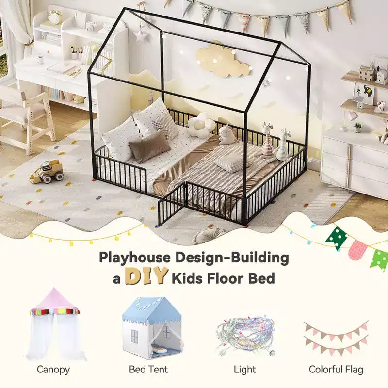 Cama tipo casita para niños, cama de suelo para niños, cama metálica tipo casita con puerta, estructura de cama infantil de suelo, cama de suelo con barandilla